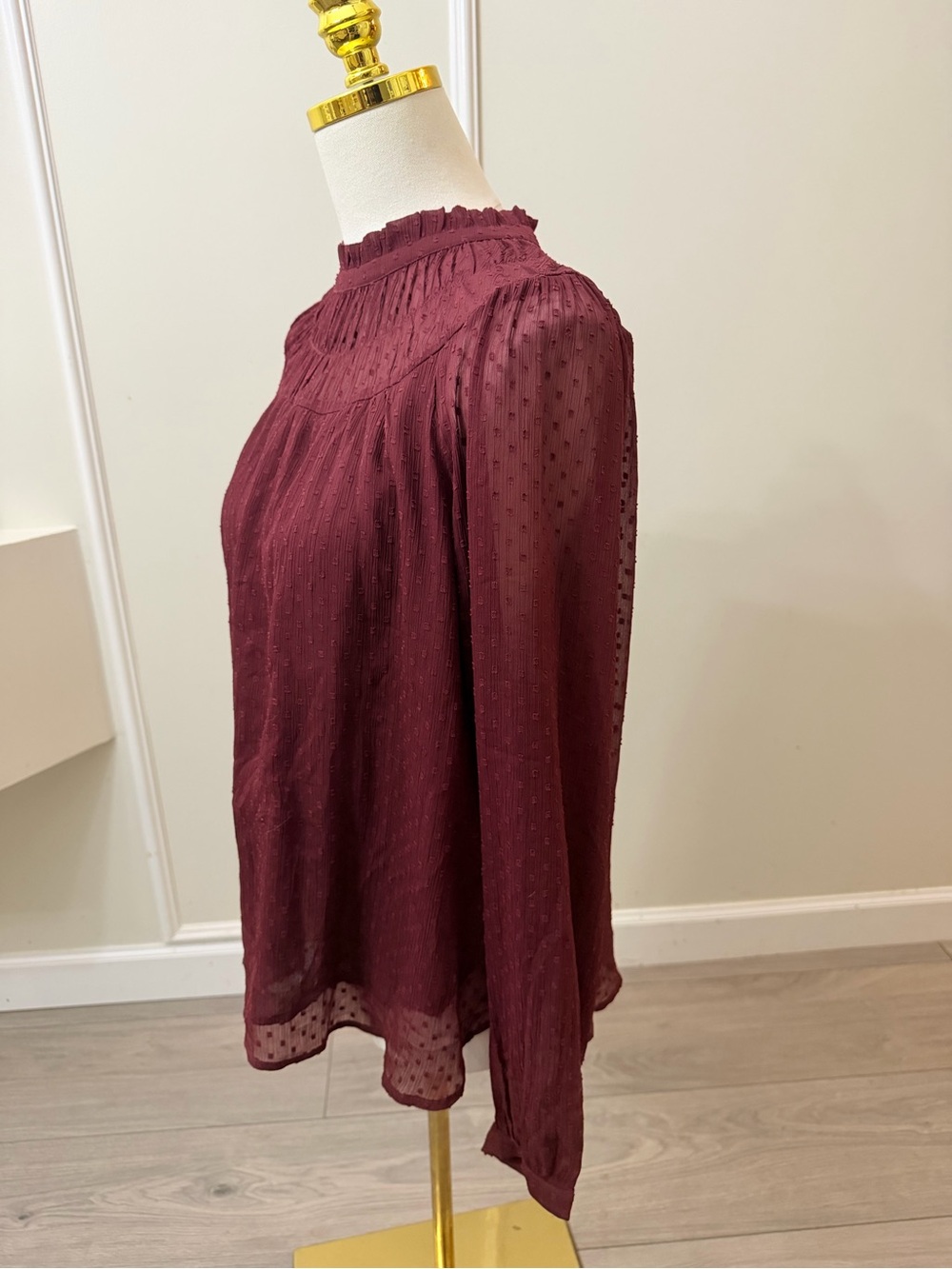 LOFT Burgundy Smocked High-Neck Blouse - Picture 4 of 11